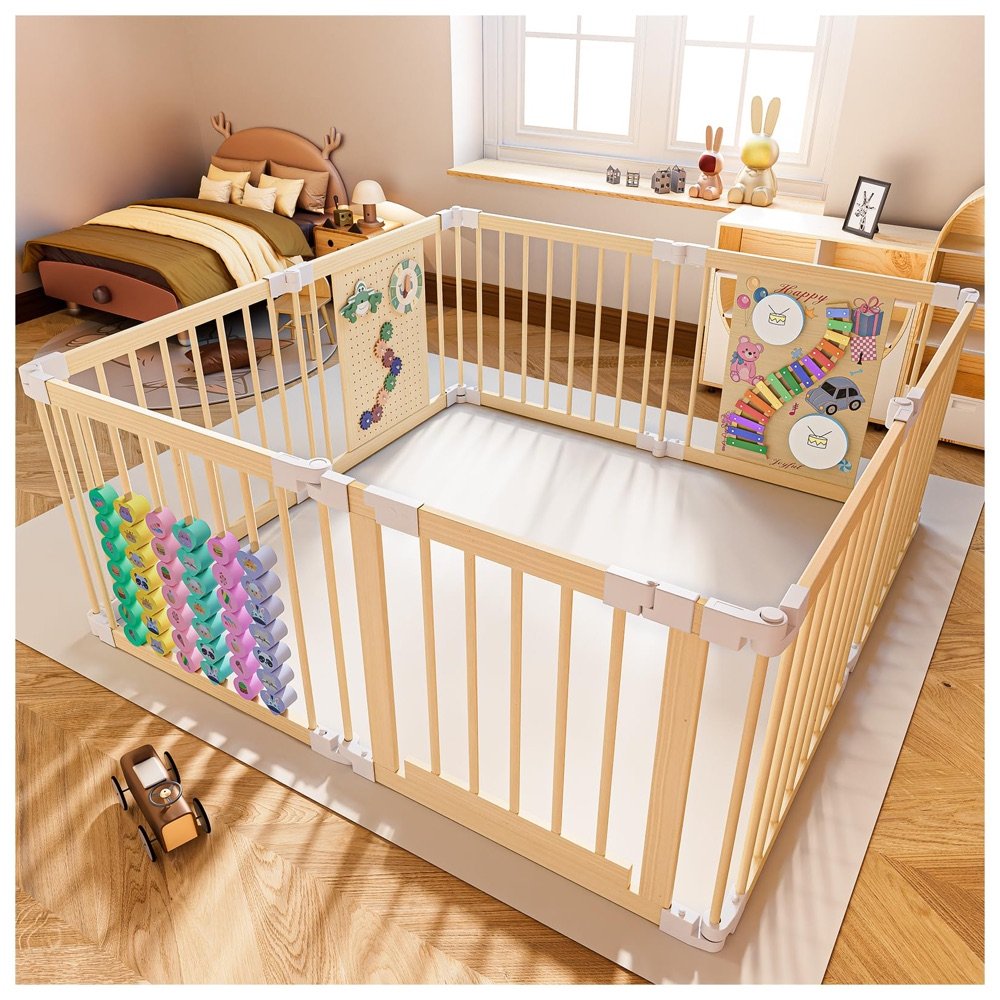 YZNVCG multi-shape wooden baby playpen, fully set up